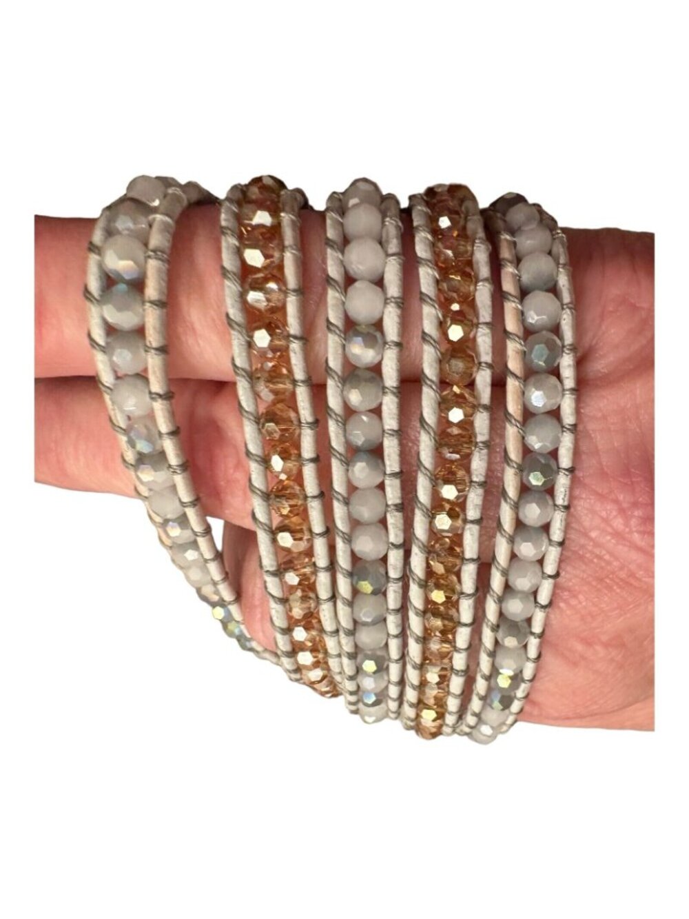 Victoria Emerson Leather Wrap Bracelet Quartz Crystal Beads 36" White Rose Gold - Picture 14 of 16